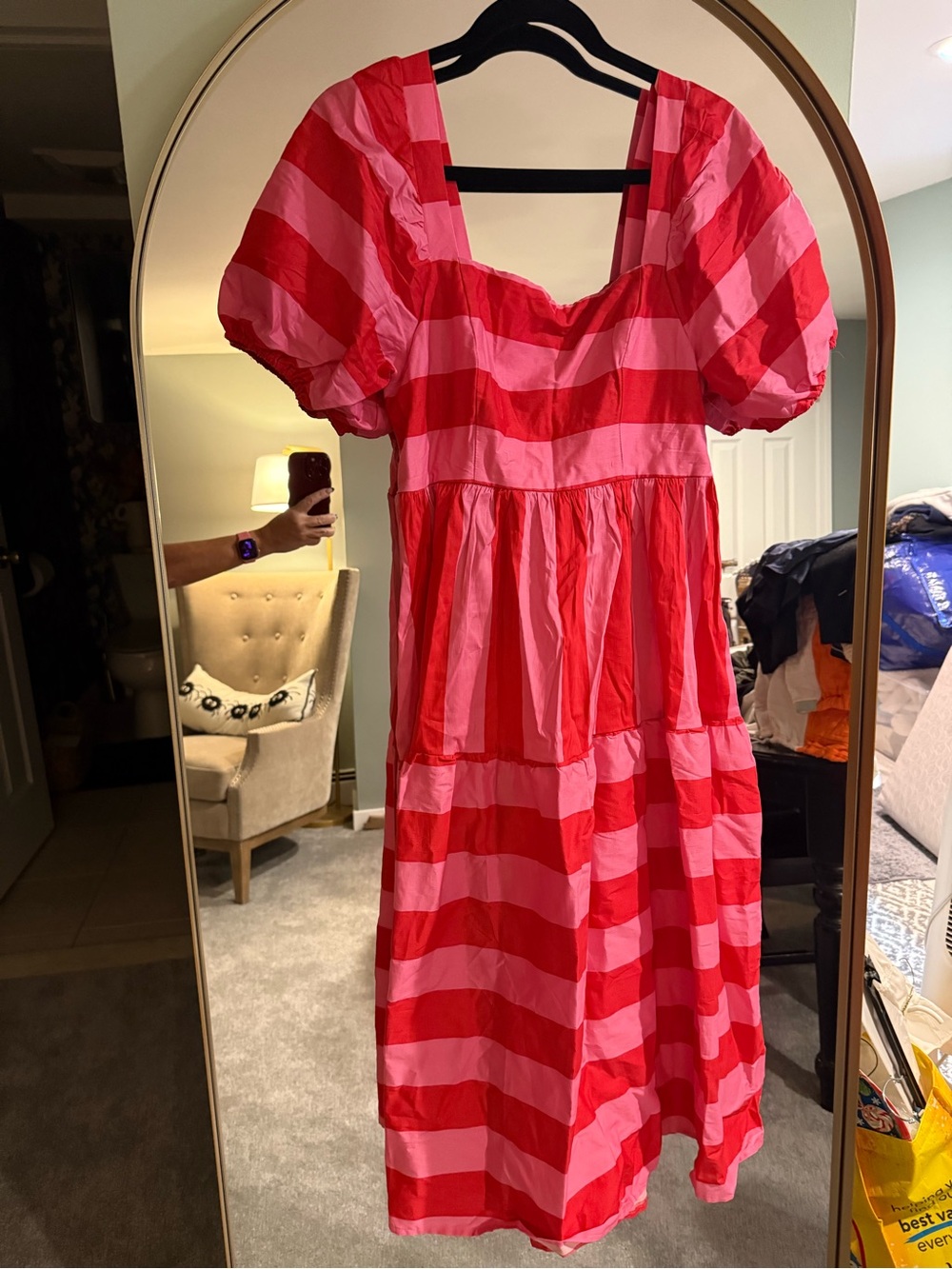 Striped Puff-Sleeve Midi Dress in Red and Pink